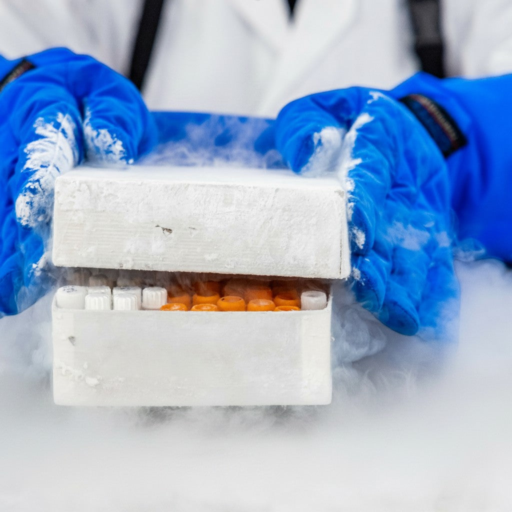 GERF® Certified Cryogenic Gloves azules con doble impermeabilidad, protegiendo las manos al manipular tubos en nitrógeno líquido.