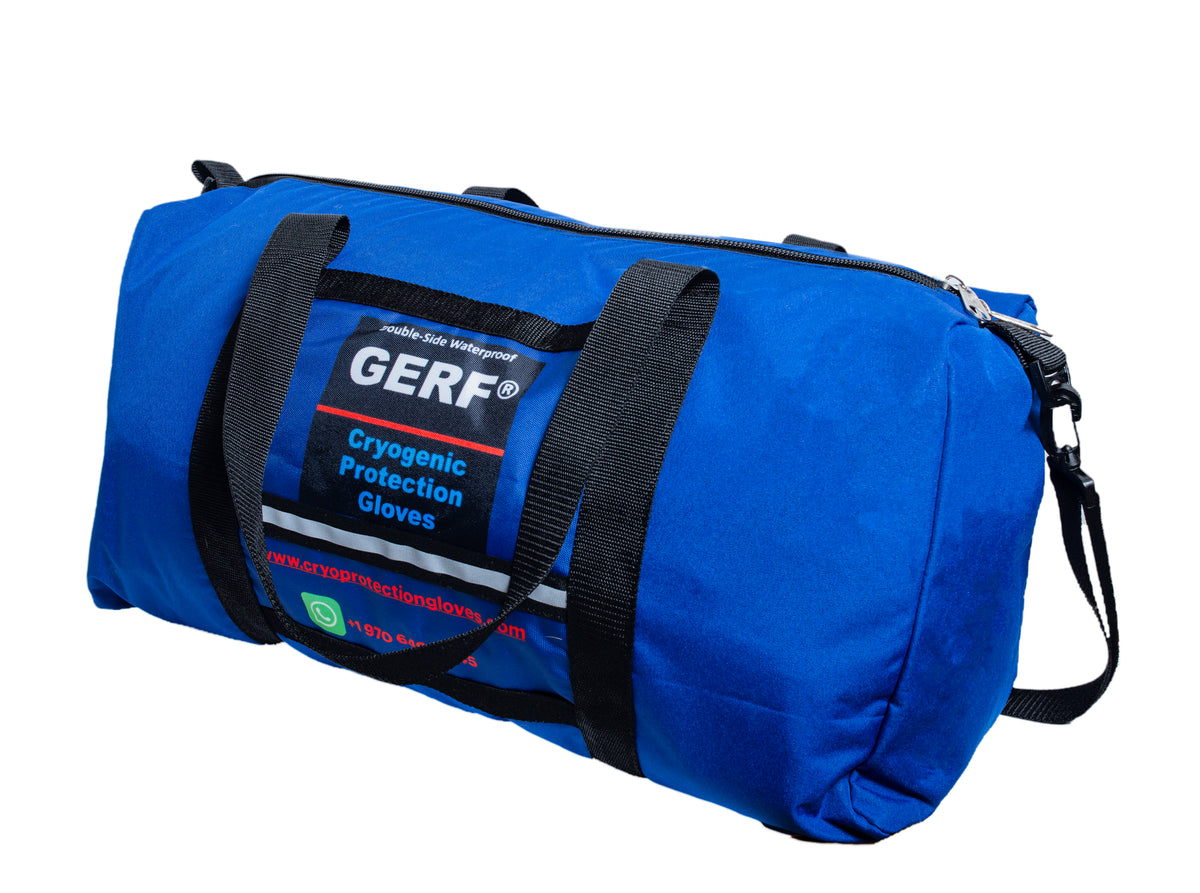 GERF® blue storage and carry bag, angled view showing zip closure and side panel