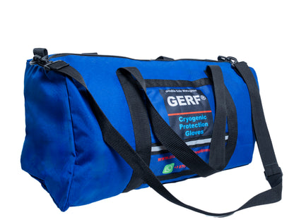 GERF® cryogenic PPE carry bag with black handles and shoulder strap, opposite angled view