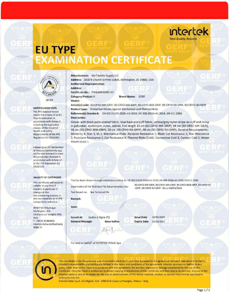 Extra Grip gloves EU type-examination certificate