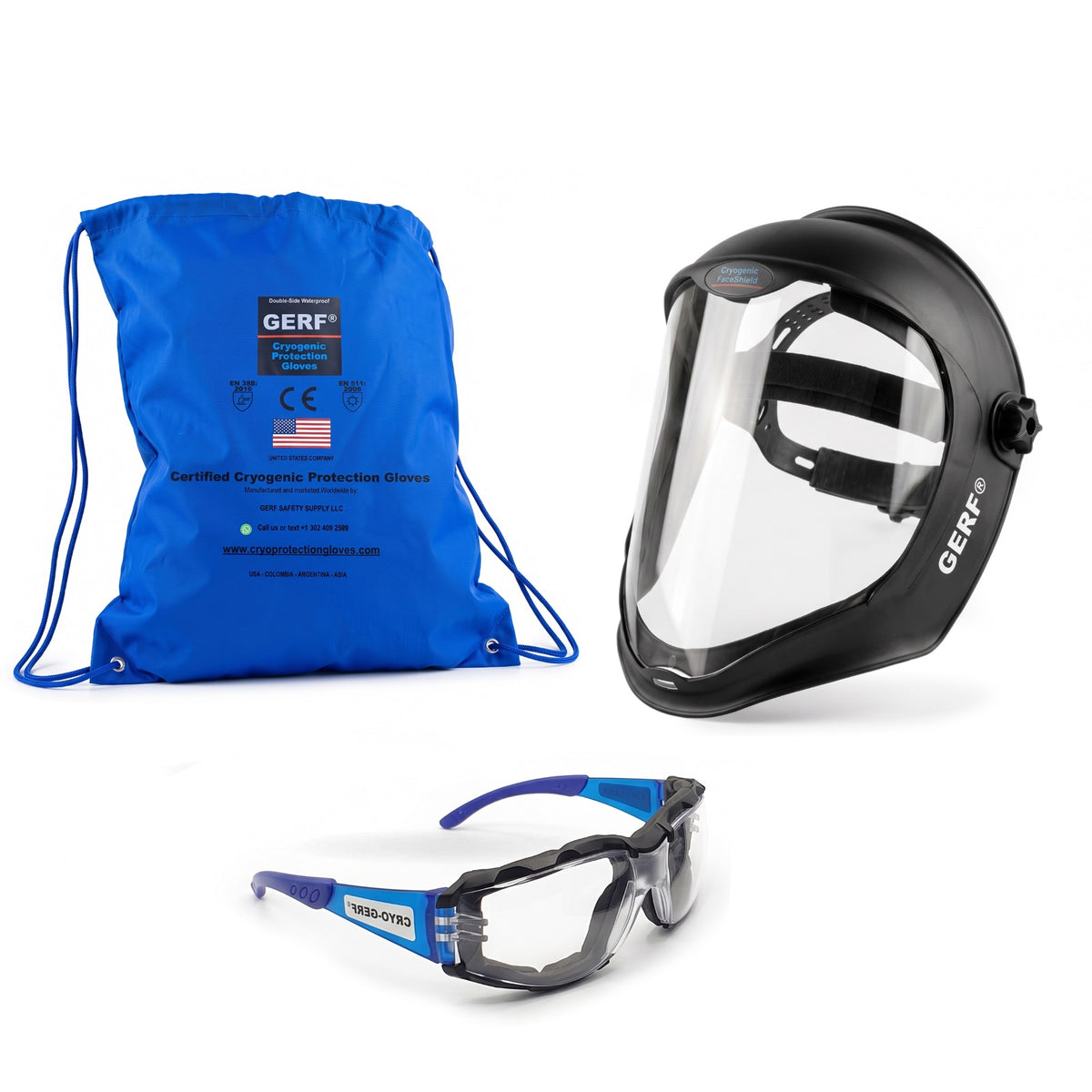 GERF® cryogenic face shield, anti-fog goggles and carry bag