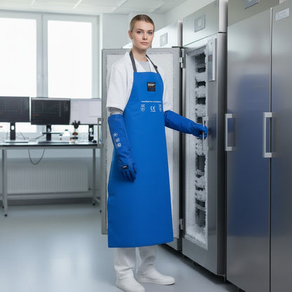 GERF® Certified Cryogenic Gloves blue waterproof apron with adjustable straps and quick-release buckles for ultra-cold protection.