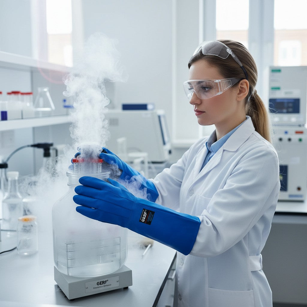 GERF® Certified Cryogenic Gloves azules de manga larga con doble impermeabilidad y agarre extra para protección contra el frío extremo.