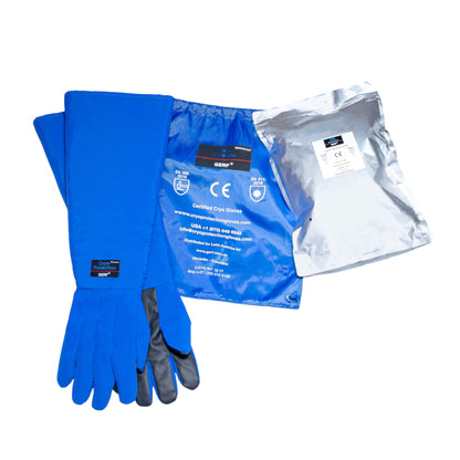 GERF® Certified Cryogenic Gloves, shoulder-length, blue, with reinforced grip palm for handling cold materials.