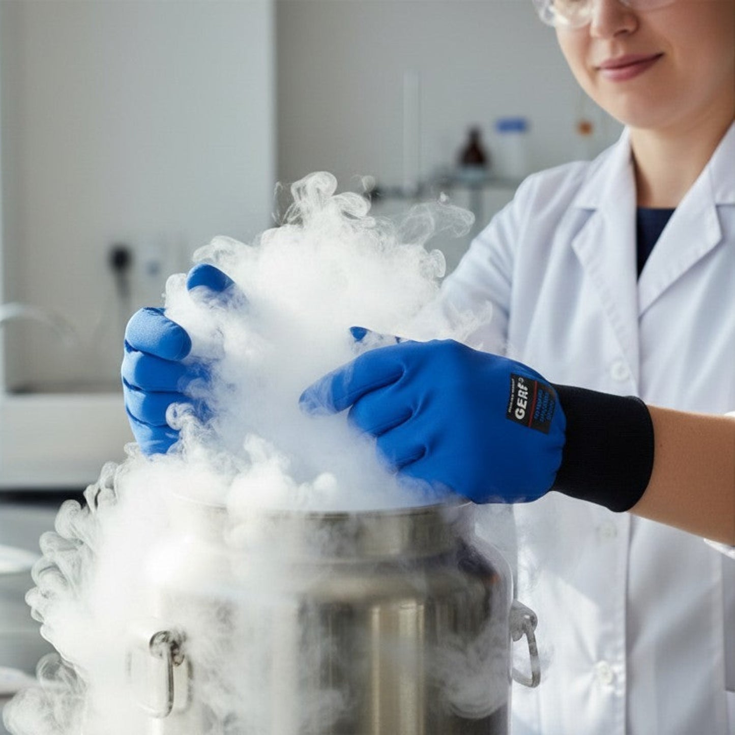 GERF® Certified Cryogenic Gloves, azules, impermeables, con refuerzo en el pulgar e índice para mejor agarre y protección térmica.