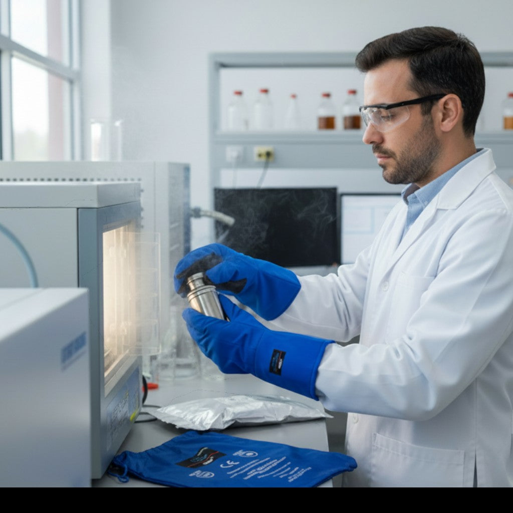 GERF® Certified Cryogenic Gloves azules de longitud media con doble impermeabilidad y agarre extra para protección contra líquidos y salpicaduras hasta -196°C.