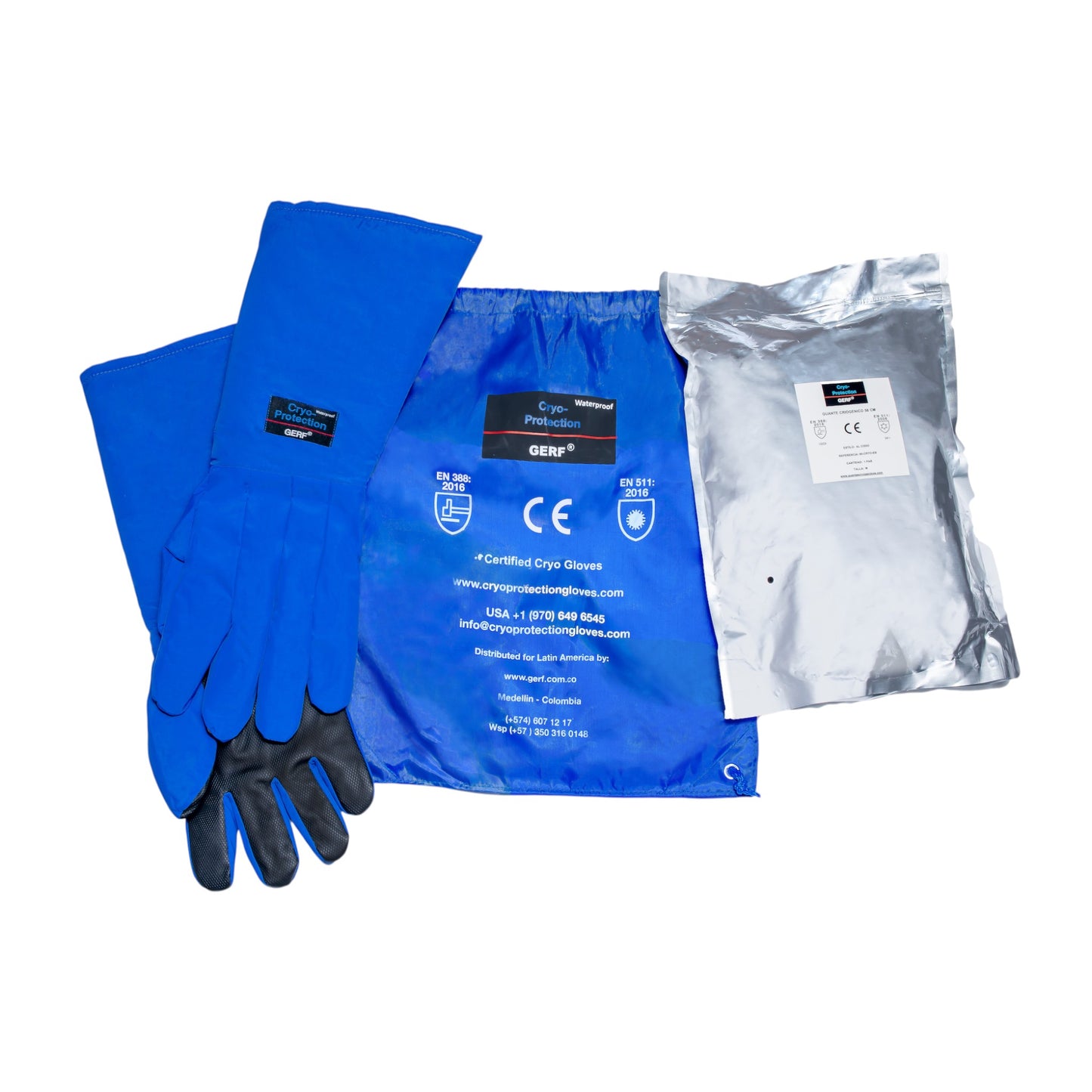 GERF® Certified Cryogenic Gloves, azules, impermeables, con doble capa y agarre extra para protección en frío extremo.