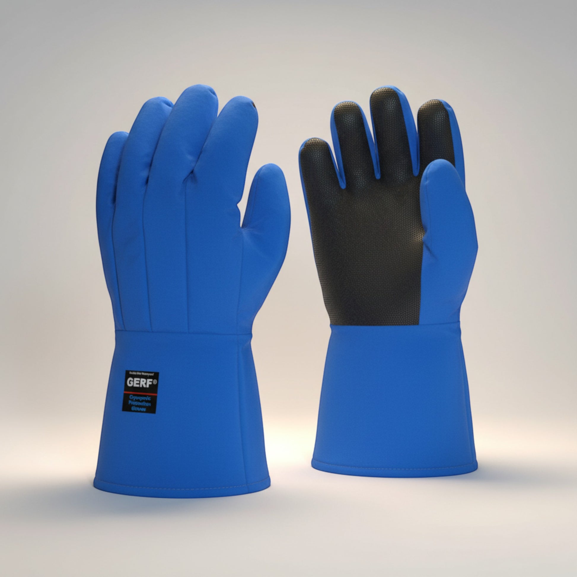 GERF® Certified Cryogenic Gloves azules de longitud media con doble impermeabilidad y palma con agarre extra para protección contra temperaturas ultrabajas.