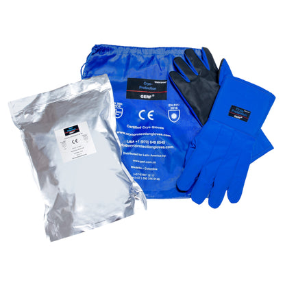 GERF® Certified Cryogenic Gloves, azules, impermeables, con agarre reforzado y protección hasta -196°C. Incluyen bolsa de almacenamiento.