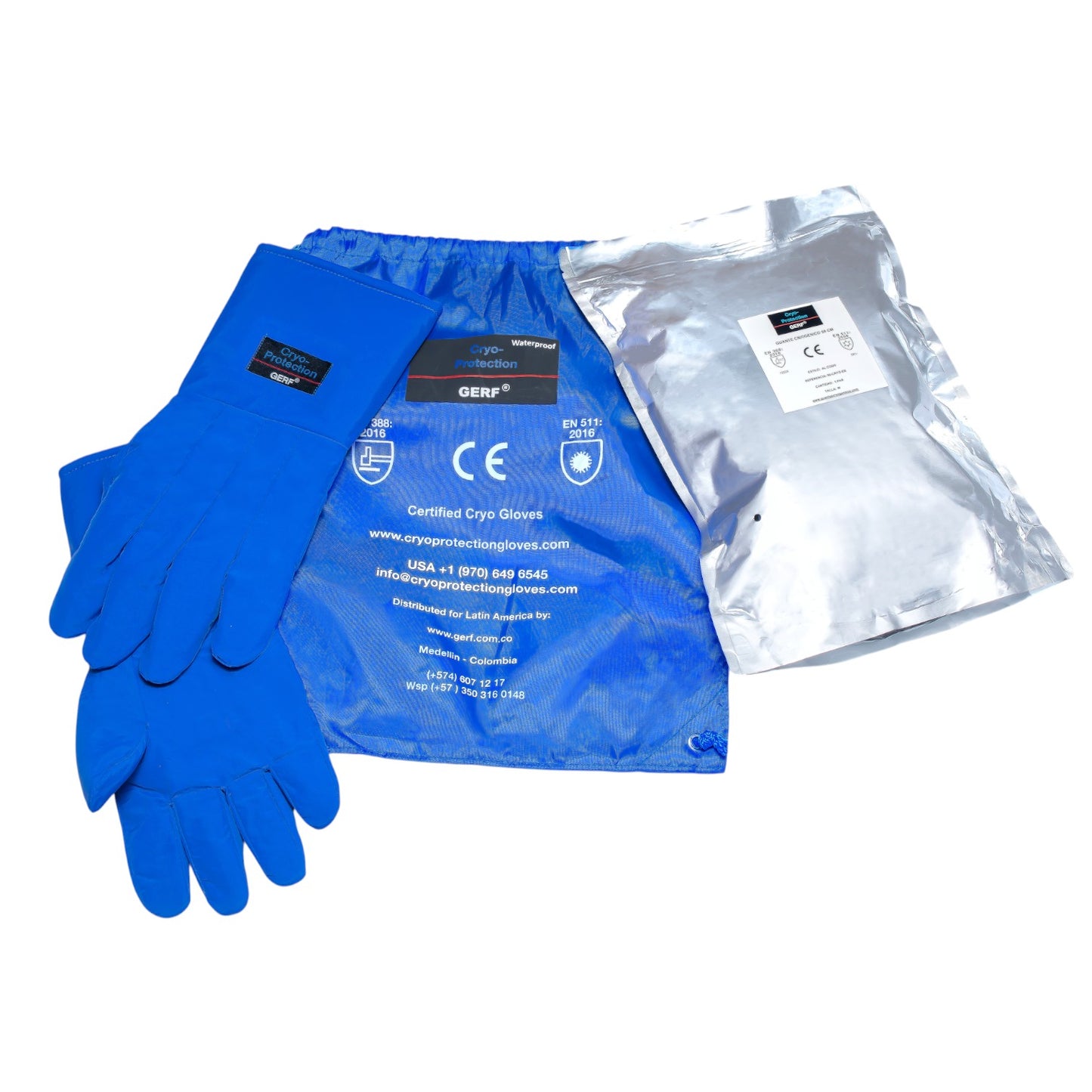 GERF® Certified Cryogenic Gloves, azules, impermeables, de longitud media para brazos, con refuerzos en pulgar e índice.