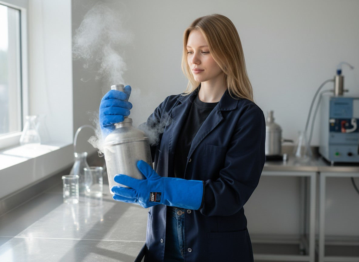 Mujer con guantes criogénicos GERF® azules de manga media, sujetando un recipiente metálico con vapor saliendo. Laboratorio científico.