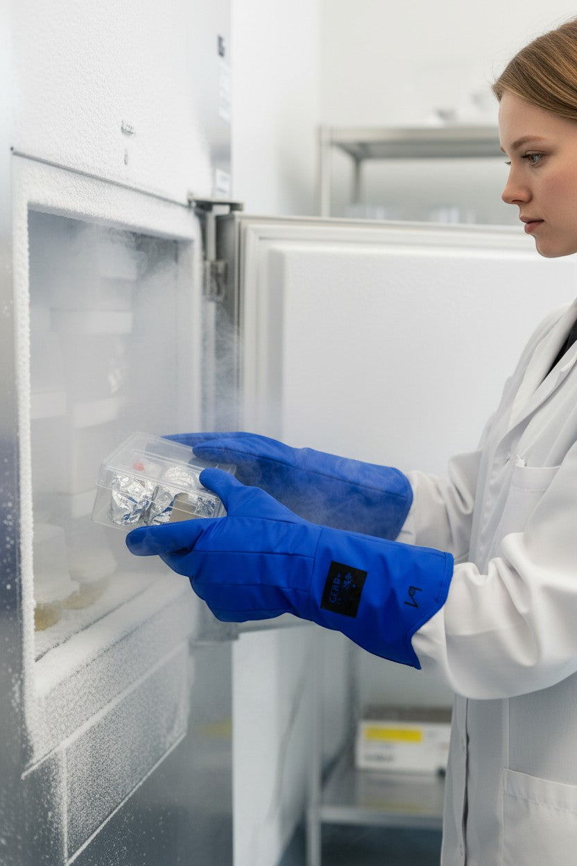 GERF® Certified Cryogenic Gloves azules de longitud media, impermeables, para protección en entornos de nitrógeno líquido.