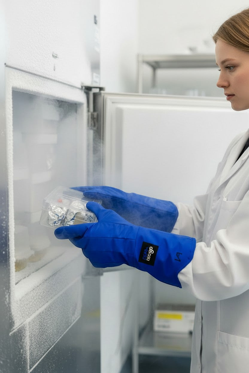 GERF® Certified Cryogenic Gloves azules de longitud media, impermeables, para protección en laboratorios y manejo de nitrógeno líquido.