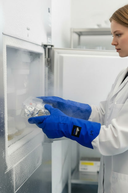 GERF® Certified Cryogenic Gloves azules de longitud media, impermeables, para protección en laboratorios y manejo de nitrógeno líquido.