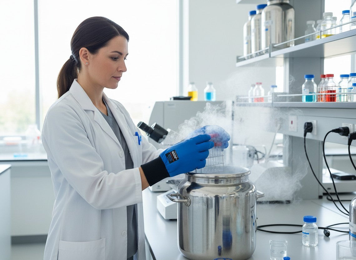 Científica con guantes criogénicos GERF® azules de muñeca, trabajando con nitrógeno líquido en un laboratorio.