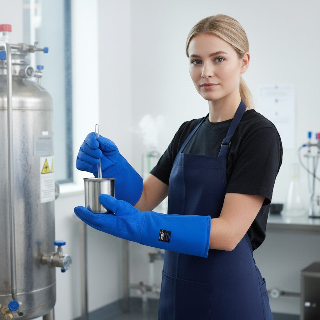 Mujer con guantes criogénicos GERF® azules de longitud media, impermeables y reforzados, trabajando en un laboratorio.