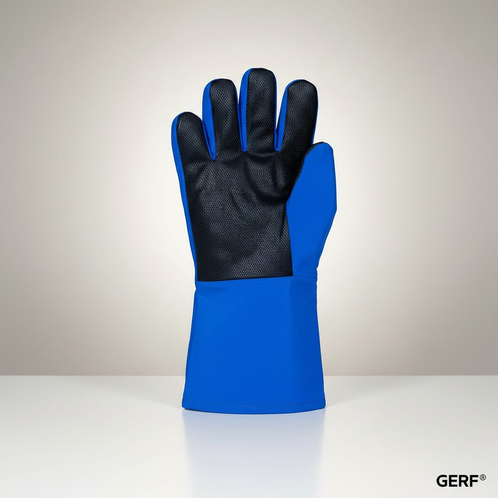 GERF® Certified Cryogenic Gloves azules con palma de malla negra para agarre extra y protección contra el frío extremo.