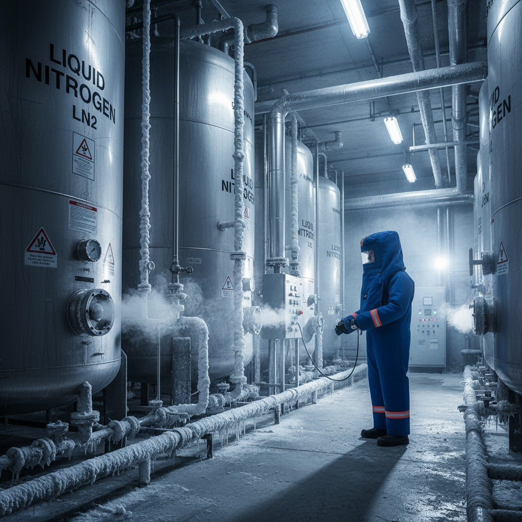 GERF® Certified Cryogenic Gloves traje azul impermeable con capucha y detalles reflectantes naranjas para protección en entornos de ultrafrío.