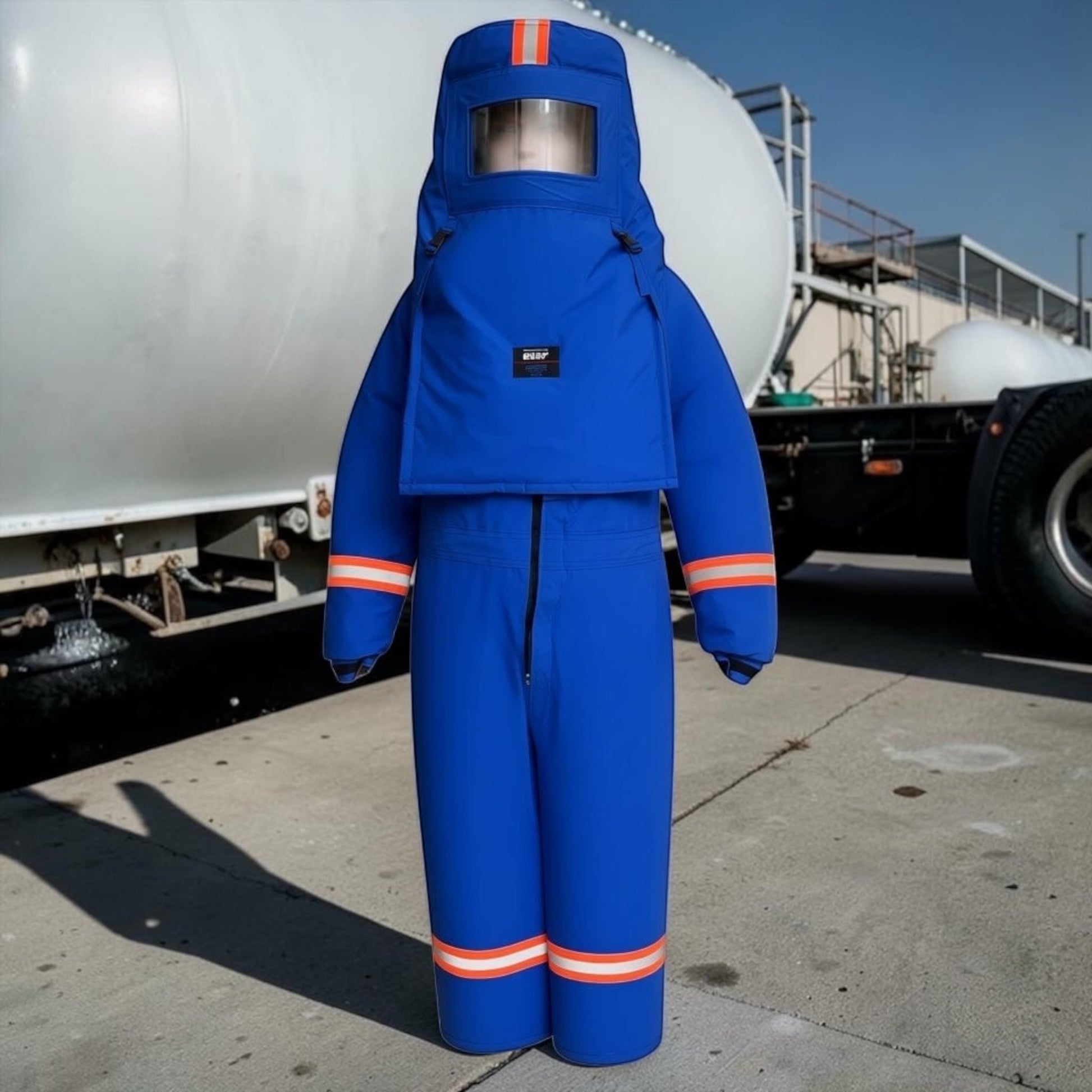 GERF® Certified Cryogenic Gloves traje azul impermeable con capucha y visor, ideal para entornos de ultrafrío de -170 a -196°C.