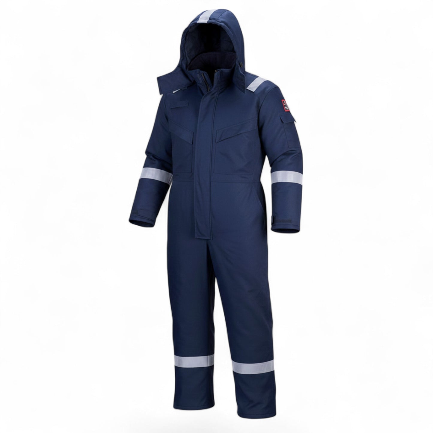 GERF® Certified Cryogenic Gloves azul marino, traje de protección contra el frío con capucha, cremallera frontal y cinta reflectante.