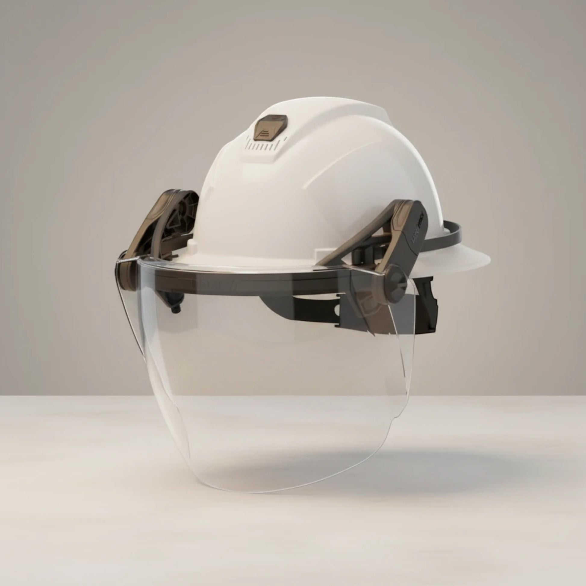 GERF® Certified Cryogenic Gloves TruSpan universal face shield with anti-fog, anti-scratch, and UV protection on a white hard hat.