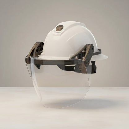 GERF® Certified Cryogenic Gloves TruSpan universal face shield with anti-fog, anti-scratch, and UV protection on a white hard hat.