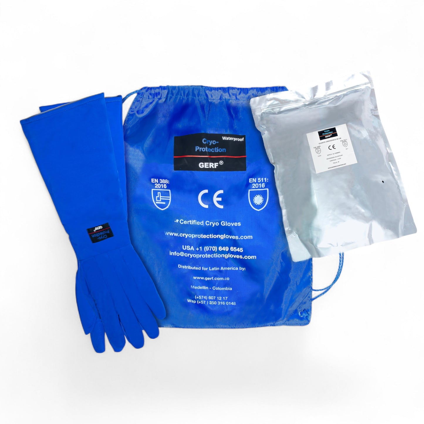 GERF® Certified Cryogenic Gloves, azules, impermeables, de codo, para protección contra frío extremo hasta -196°C.