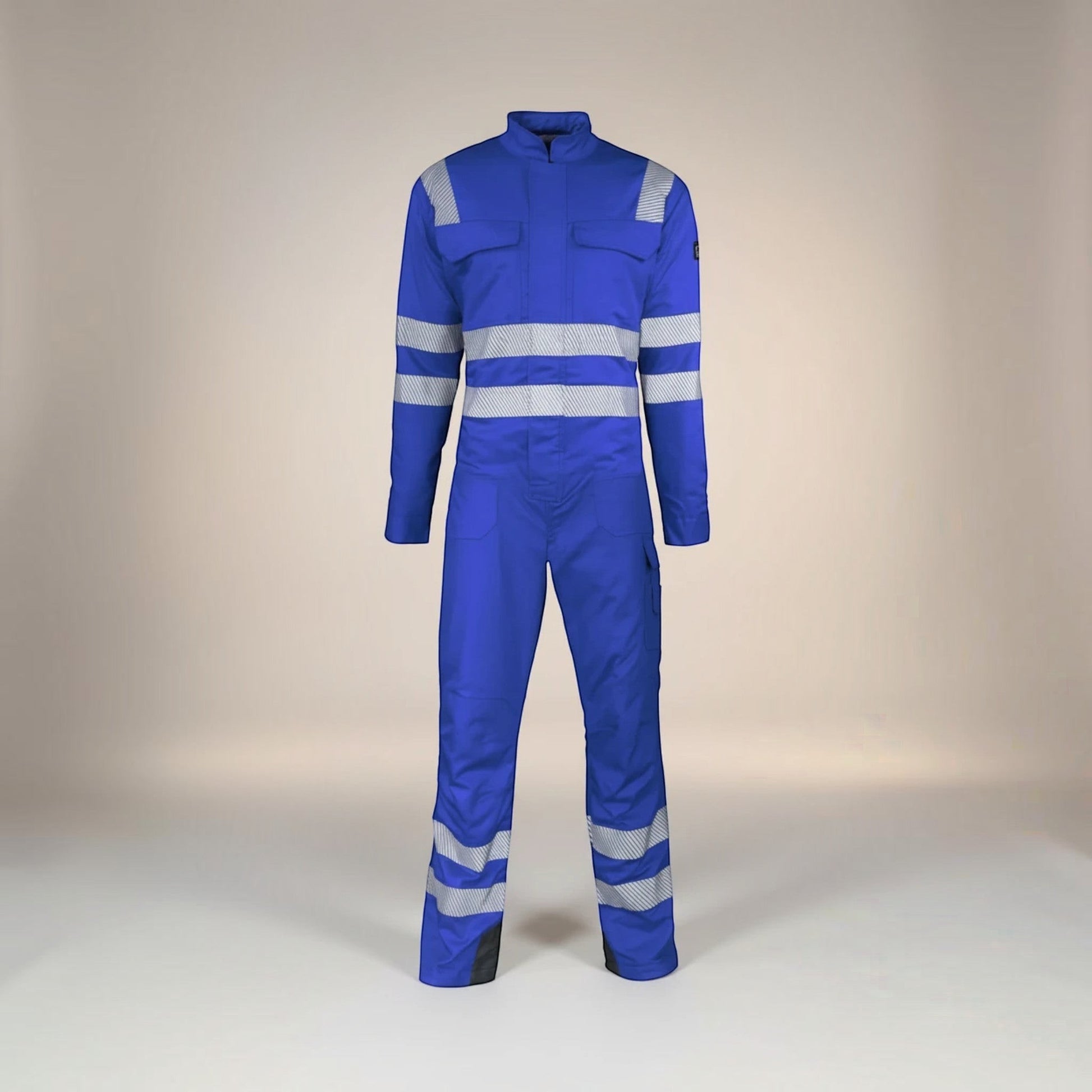 GERF® Flame-resistant royal blue coverall with reflective zebra tape on arms, torso, and legs. Made of 88% Cotton, 10% Nylon, 2% Antistatic fabric.