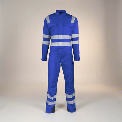 GERF® Flame-Resistant Antistatic Coverall azul real con cinta reflectante de cebra para alta visibilidad y protección contra incendios y arcos eléctricos.