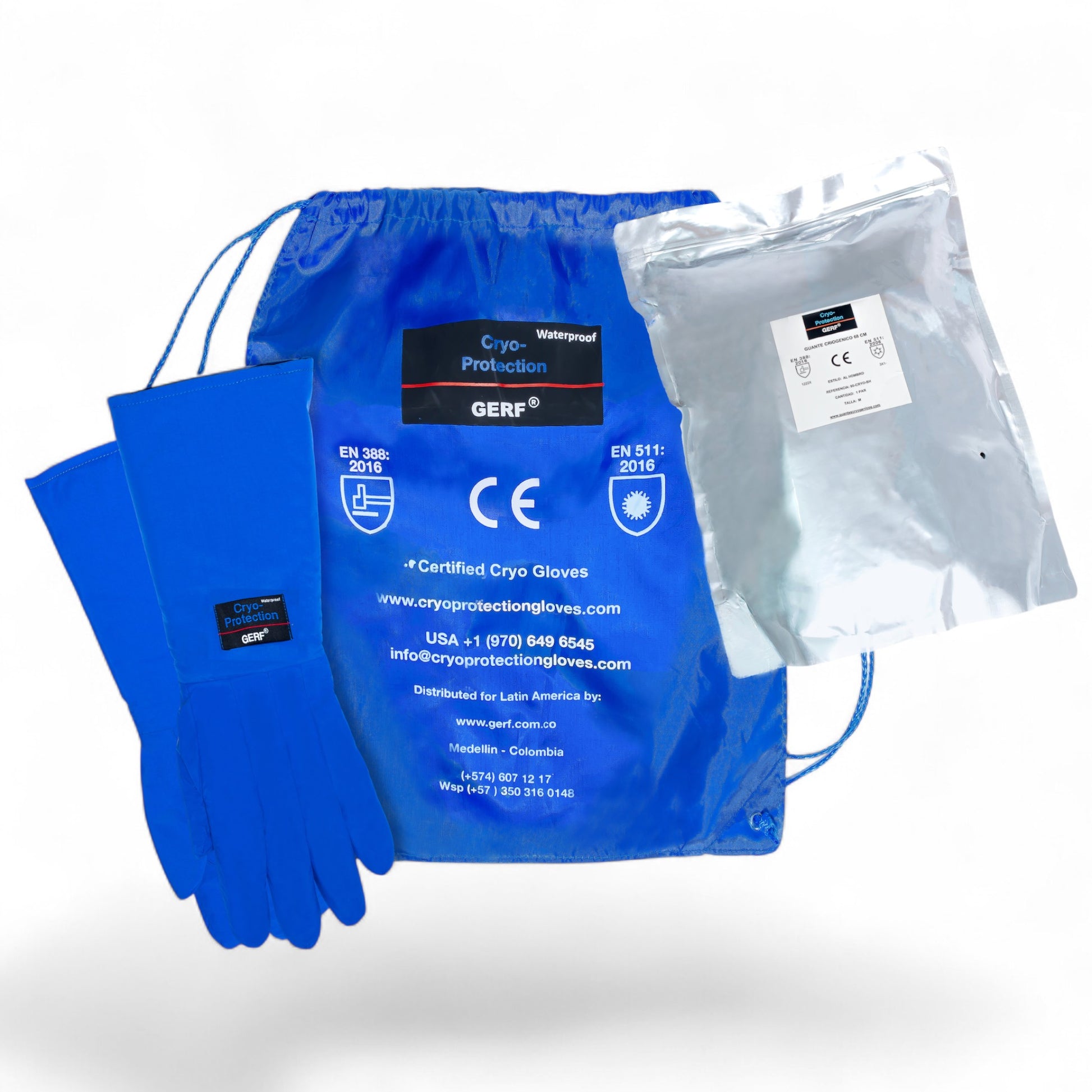 GERF® Certified Cryogenic Gloves azules, diseñados para protección extrema en frío, con certificación EN 388 y EN 511.