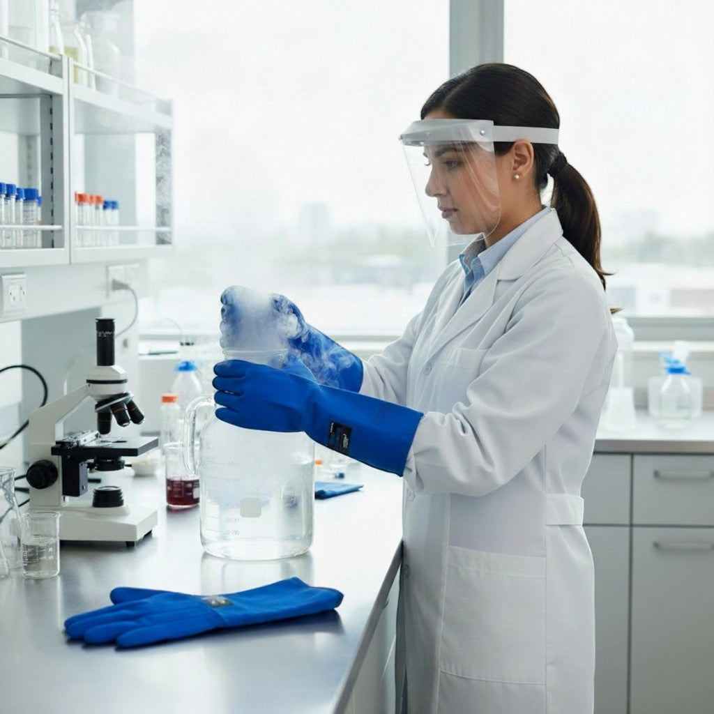 Mujer con guantes criogénicos GERF® azules de doble impermeabilidad y longitud hasta el codo, trabajando en un laboratorio con nitrógeno líquido.
