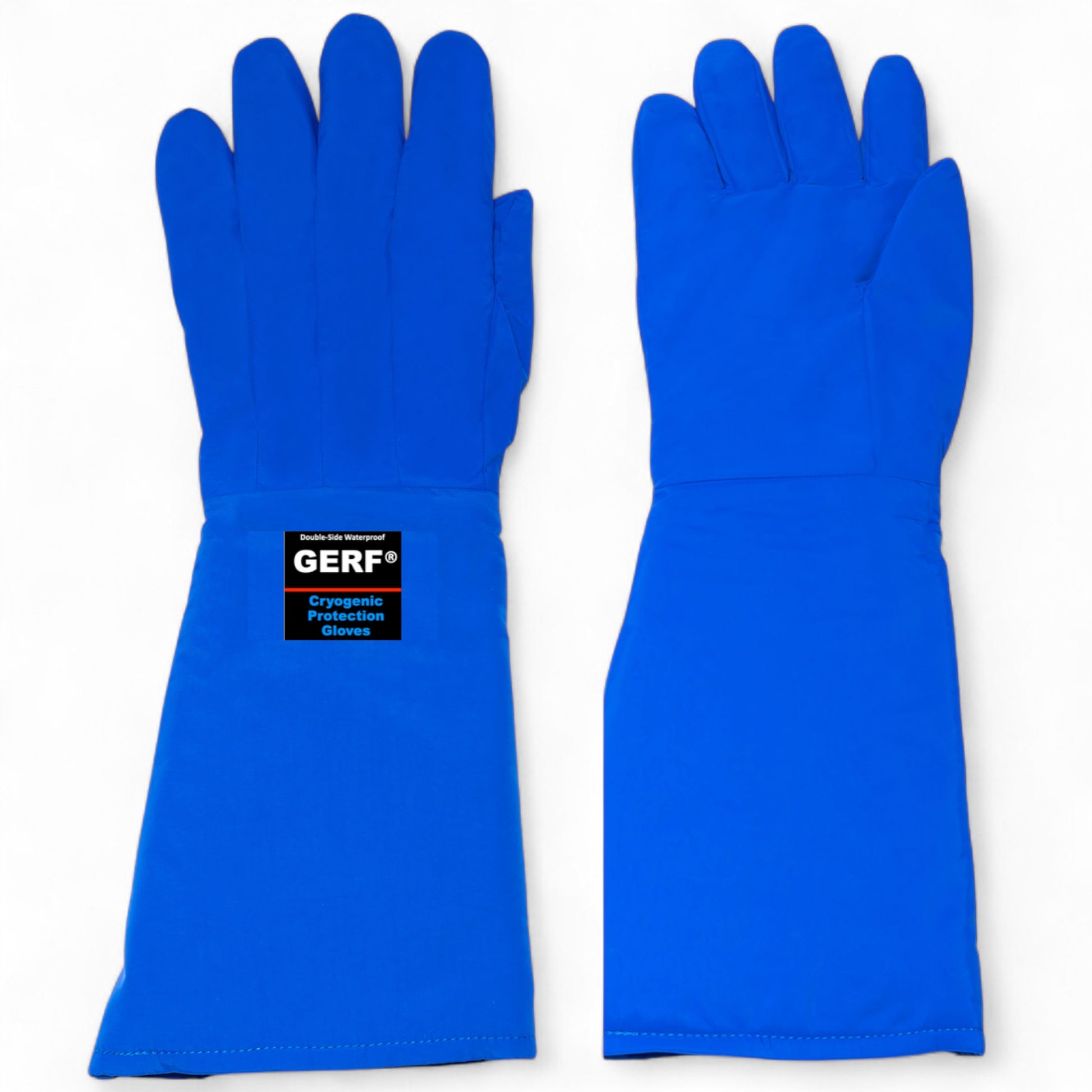 Guantes criogénicos GERF® azules de manga larga, diseñados para protección contra temperaturas extremas y certificación EN 388/511.