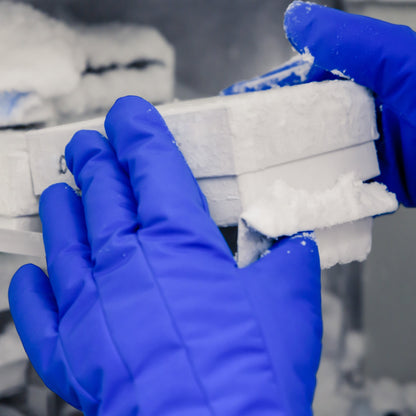 Guantes criogénicos GERF® azules, certificados para protección extrema en entornos de baja temperatura.
