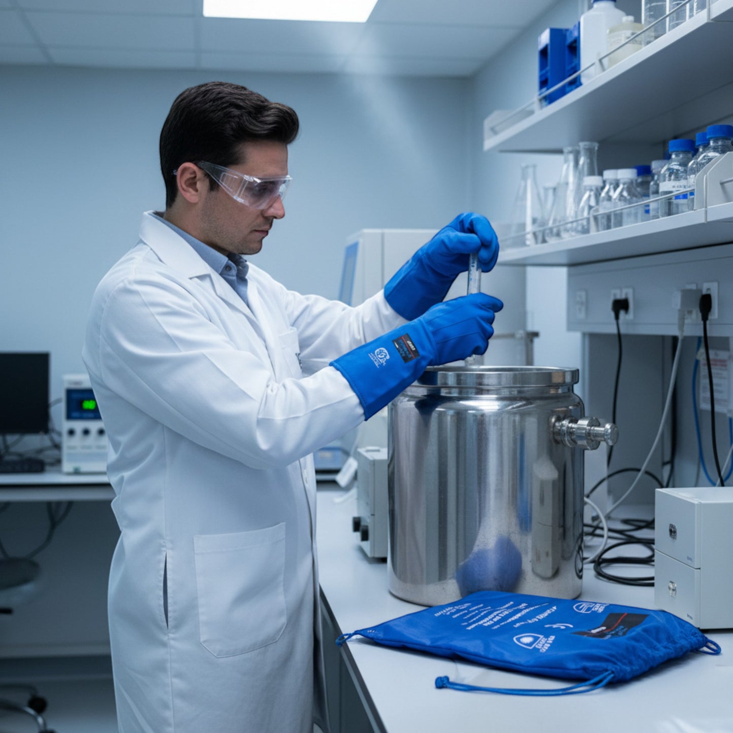 Hombre con bata de laboratorio blanca y guantes criogénicos azules GERF® trabajando con un recipiente metálico en un laboratorio.