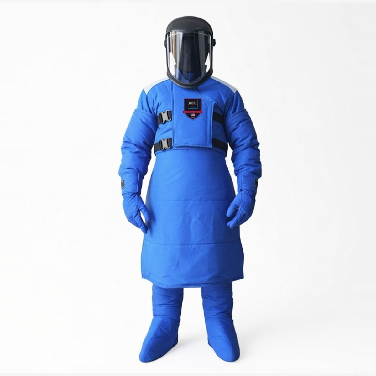 Lab technician wearing a GERF® face shield, goggles, cryogenic apron, gloves and boots