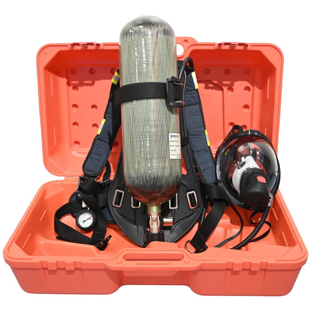 Equipo de respiración autónomo GERF SAFETY de 6.8L con cilindro de fibra de carbono en maletín de transporte naranja.
