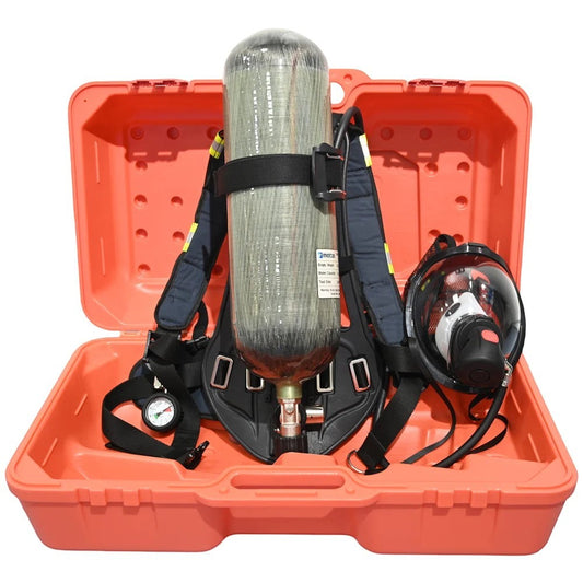 Equipo de respiración autónomo GERF SAFETY de 6.8L con cilindro de fibra de carbono en maletín de transporte naranja.