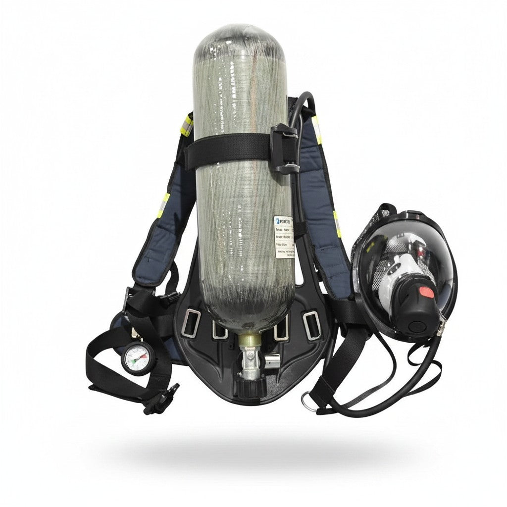 Equipo de respiración autónomo GERF SAFETY con cilindro de fibra de carbono de 6.8L, arnés y máscara facial completa.