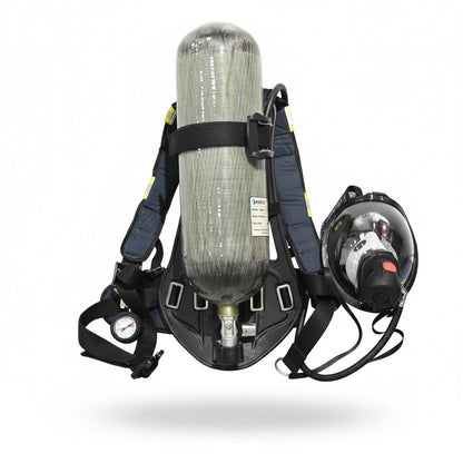 Equipo de respiración autónomo GERF SAFETY con cilindro de fibra de carbono de 6.8L, arnés y máscara facial completa.
