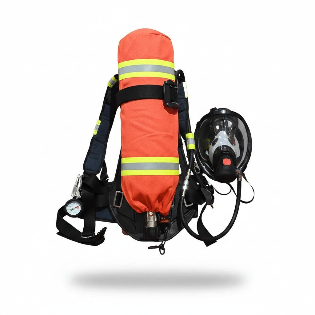 Equipo de respiración autónomo GERF SAFETY con cilindro de fibra de carbono naranja, arnés y máscara facial completa.