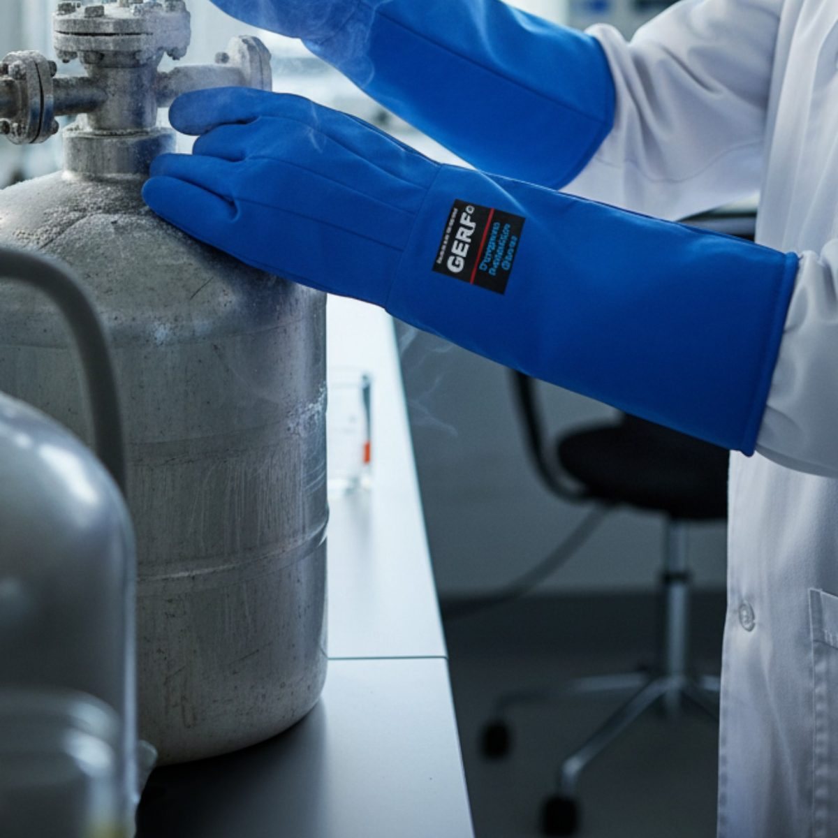 Technician operating a liquid nitrogen dewar valve with GERF® long cryogenic gloves